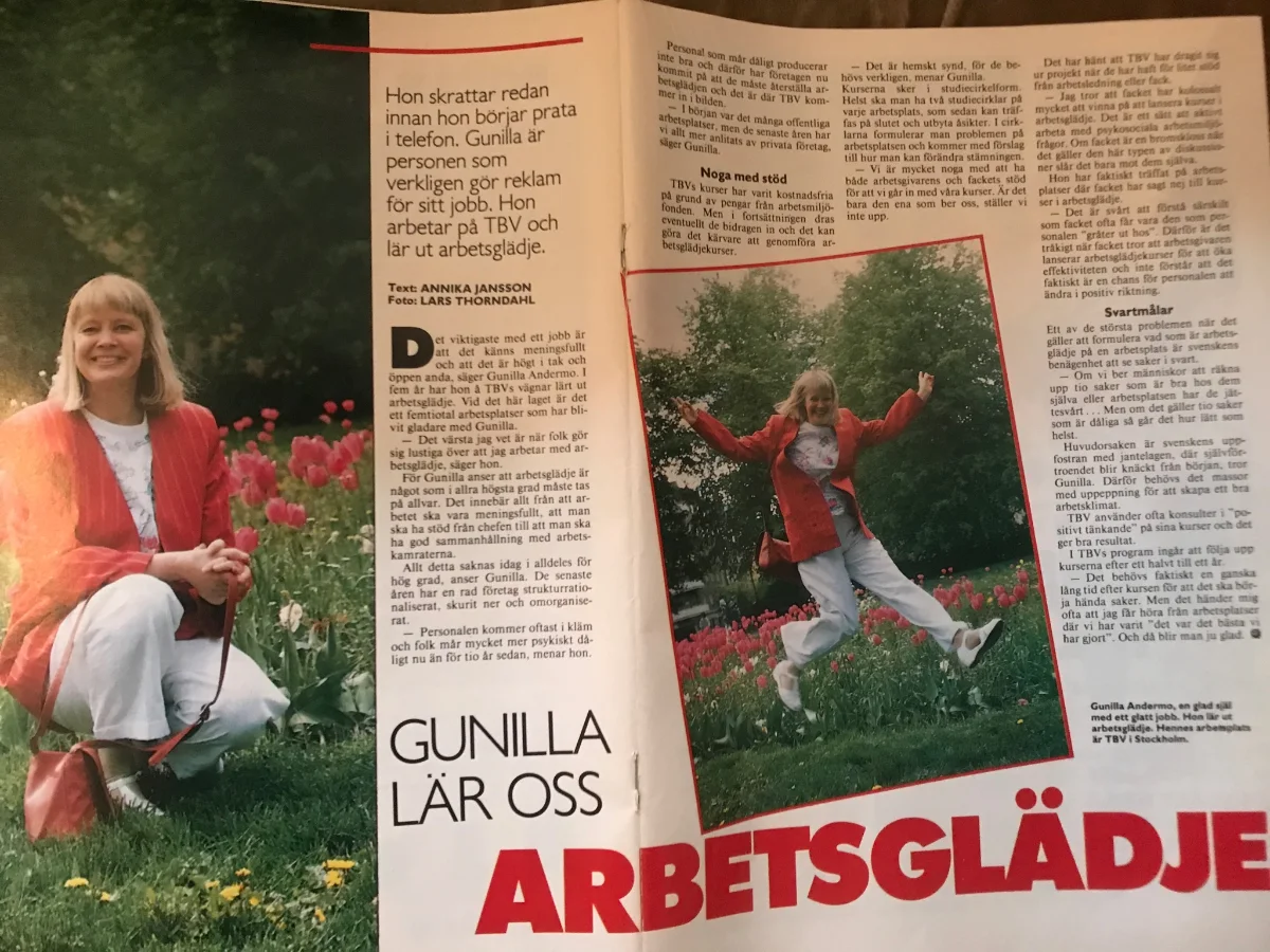 Uppslag ur ett tidningsreportage om Gunilla Andermo, som lärde ut arbetsglädje på TBV